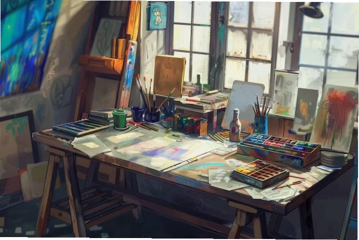 Artist desk filled with brushes and paint tools