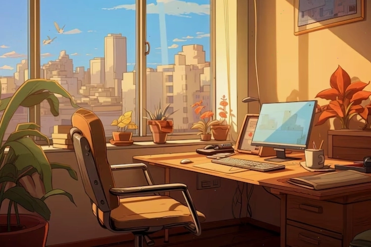 Cartoon style office space with beautiful architectural lines