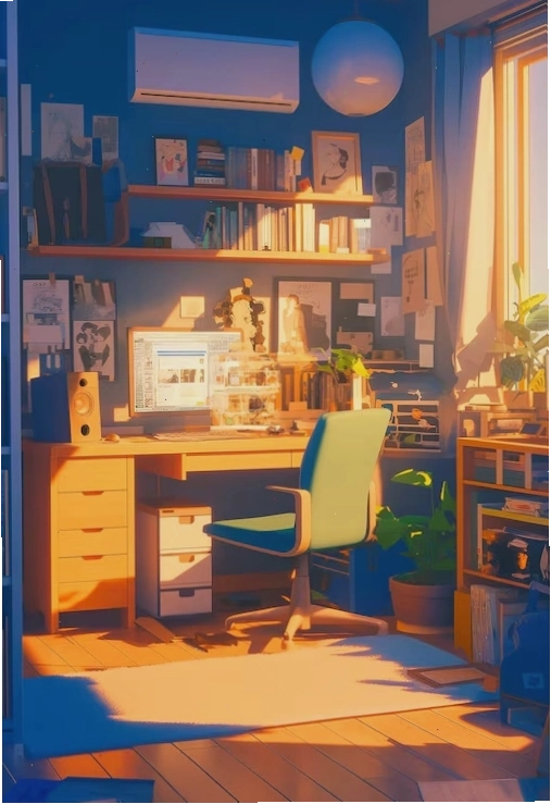 Professional illustration of an anime girl architect in a modern art gallery