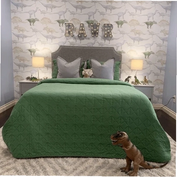 boy bedroom with dinosaur wallpaper and wooden furniture