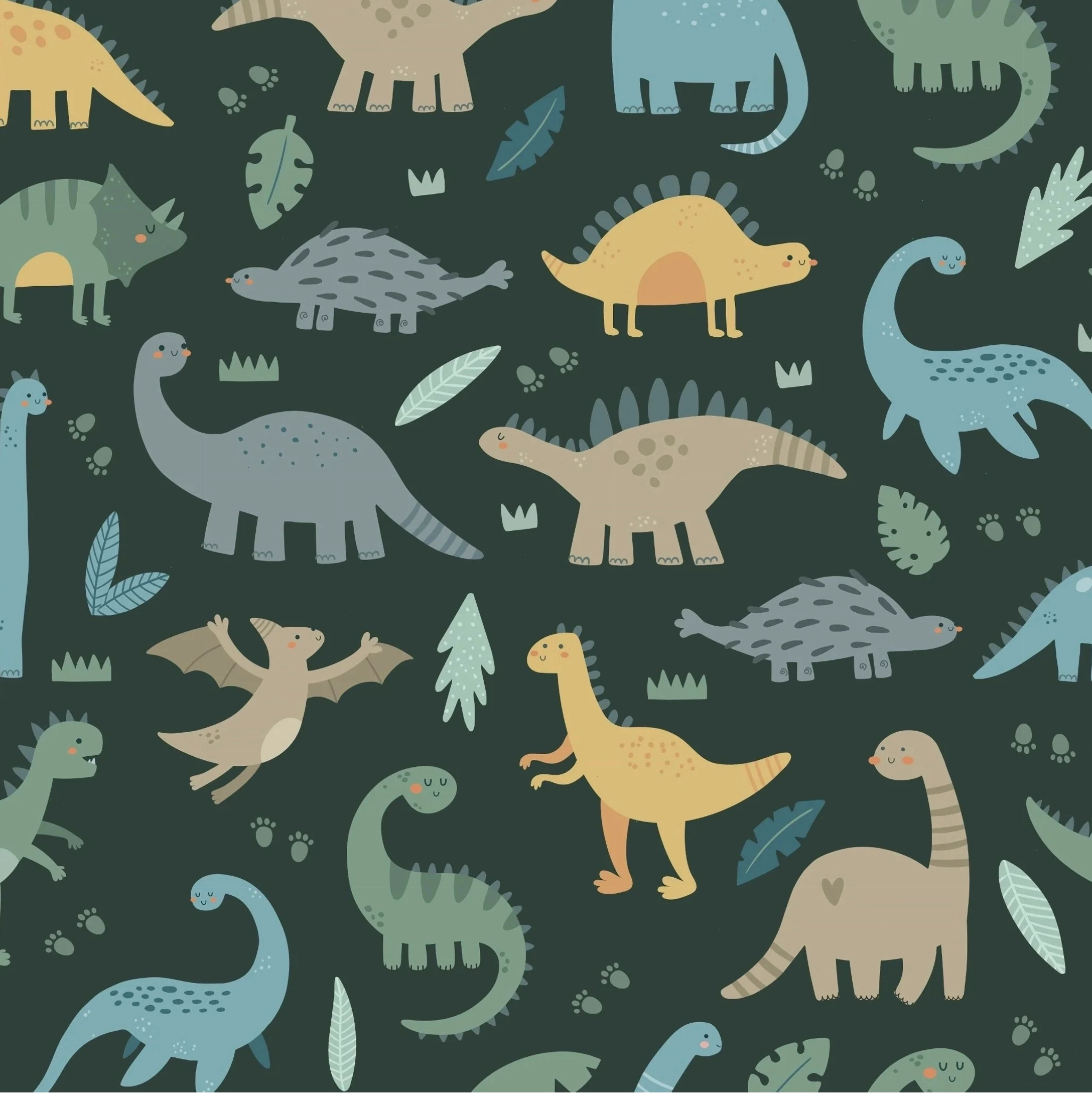 Close-up of playful dinosaur characters on Prehistoric Pals wallpaper