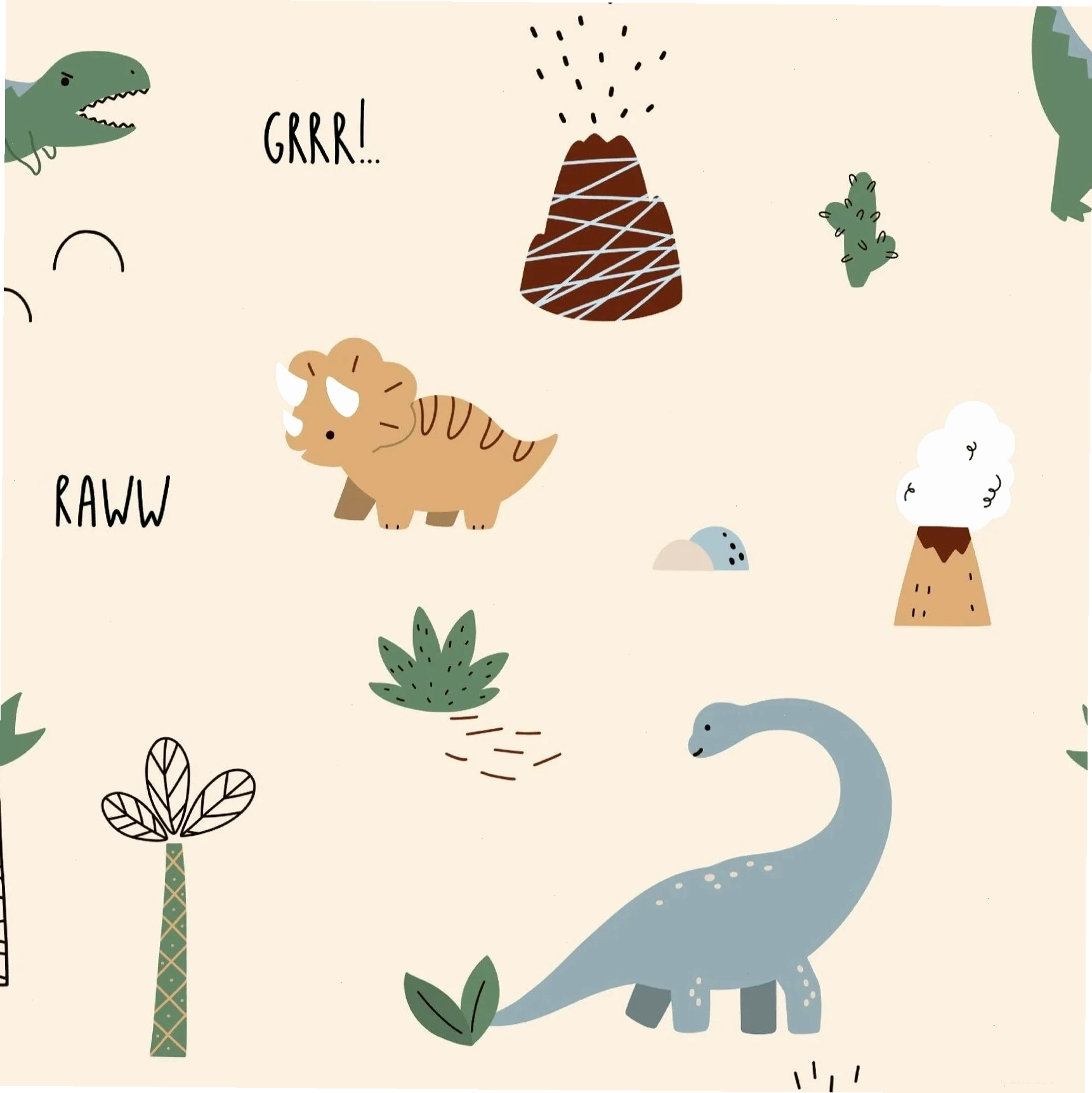 Close-up of playful dinosaur-themed wallpaper with volcanos