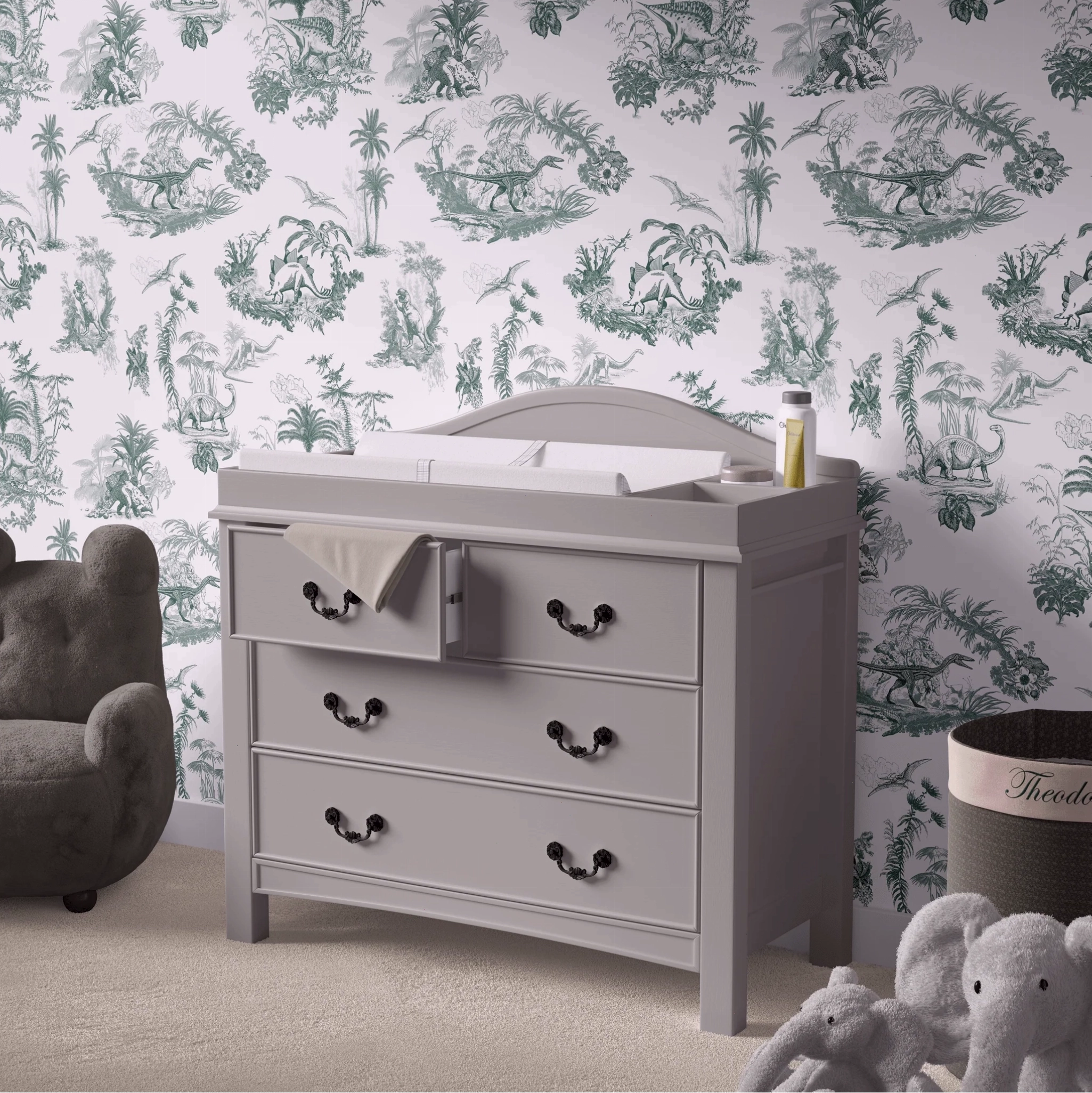 Kids room with a dinosaur toile wallpaper design